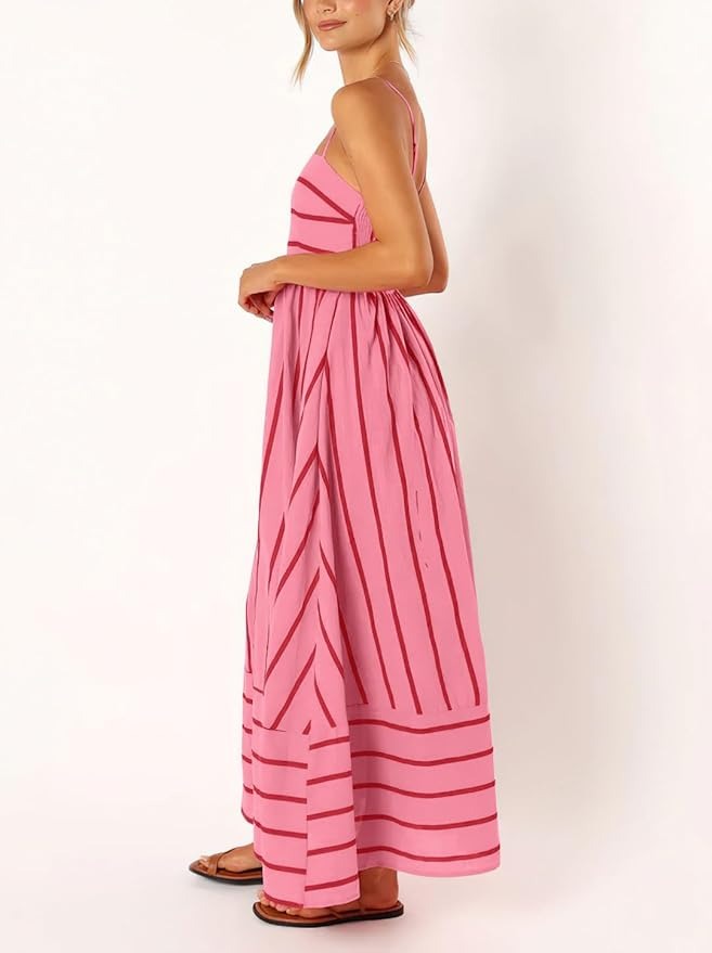 Women's Striped Back Smocked Maxi Dress Spaghetti Strap Long Dress