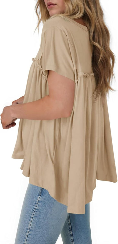 Women Summer Babydoll Tops Pleated Short Sleeve Peplum Blouse Casual Loose Fit T Shirts