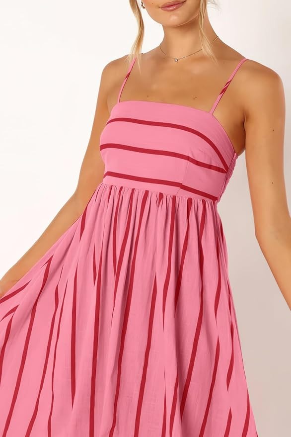 Women's Striped Back Smocked Maxi Dress Spaghetti Strap Long Dress