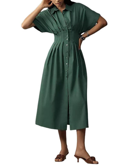 Women's Button Down Pleated Waist Shirt Dress