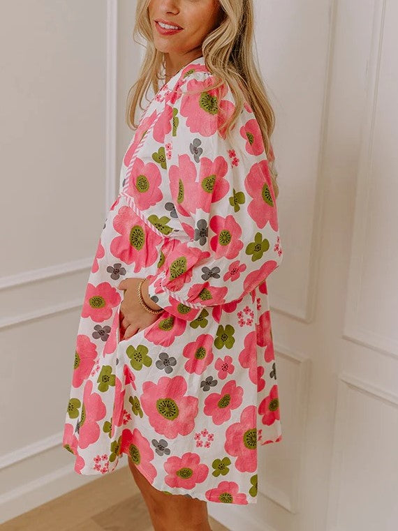 Women's Vibrant Floral Print Tied Waist Dress with Pockets