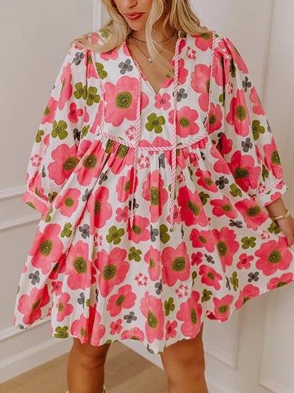 Women's Vibrant Floral Print Tied Waist Dress with Pockets