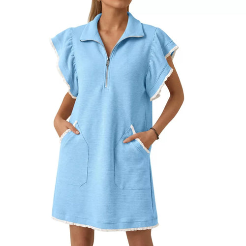 Women's Casual Zipper Neckline Bestie Ruffle Collared Dress