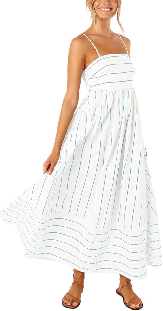 Women's Striped Back Smocked Maxi Dress Spaghetti Strap Long Dress