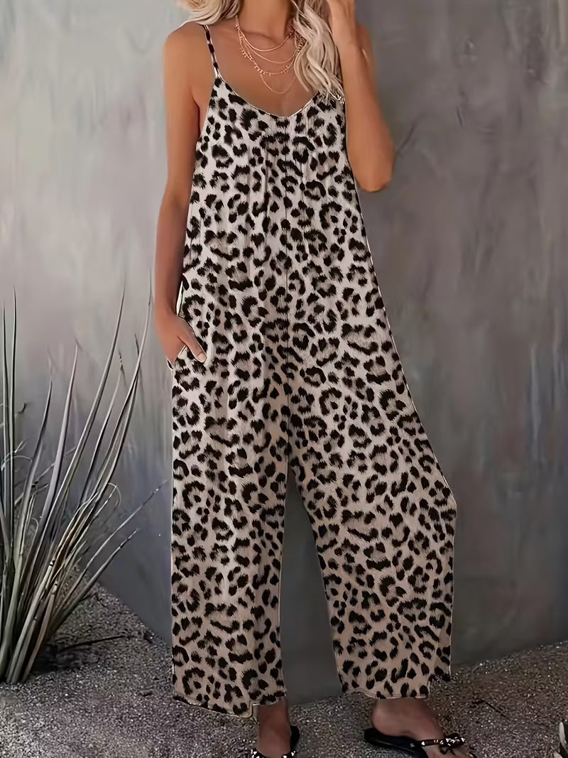 Women's Casual Sleeveless Leopard Print Jumpsuit with Pockets