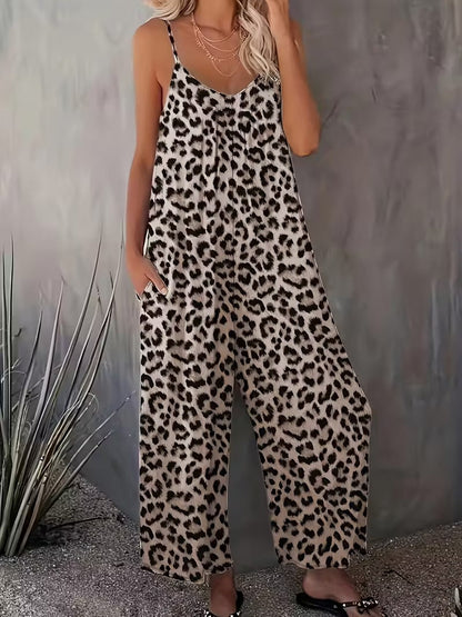 Women's Casual Sleeveless Leopard Print Jumpsuit with Pockets