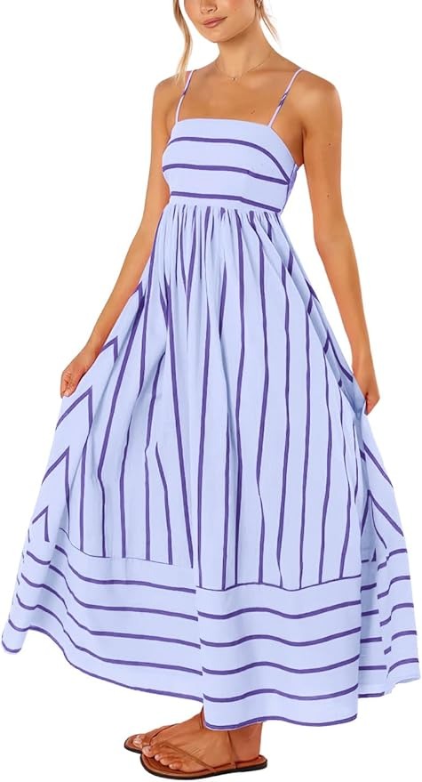 Women's Striped Back Smocked Maxi Dress Spaghetti Strap Long Dress