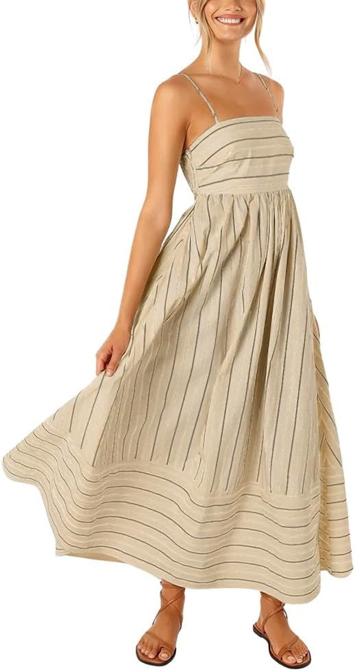 Women's Striped Back Smocked Maxi Dress Spaghetti Strap Long Dress