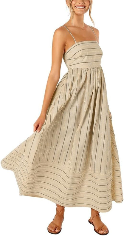 Women's Striped Back Smocked Maxi Dress Spaghetti Strap Long Dress