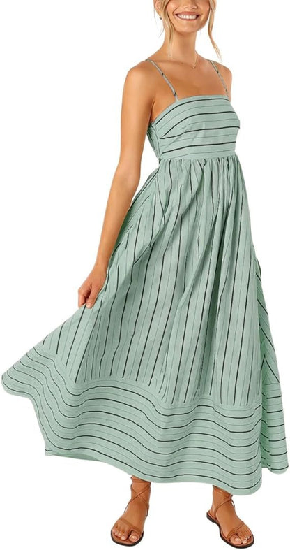 Women's Striped Back Smocked Maxi Dress Spaghetti Strap Long Dress