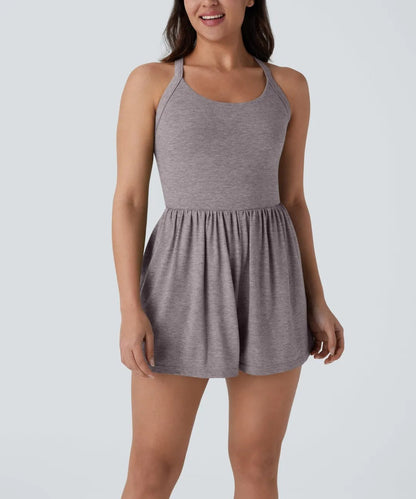 Women's casual Backless Twisted Side Pocket 2-in-1 Resort Romper