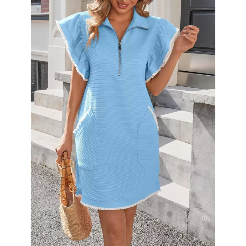 Women's Casual Zipper Neckline Bestie Ruffle Collared Dress