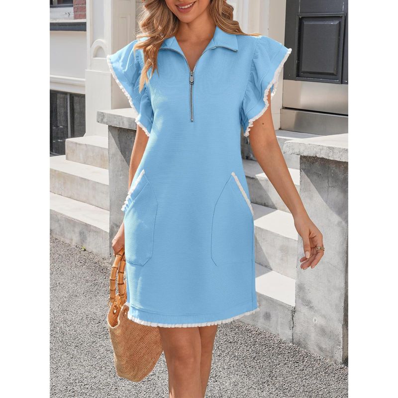 Women's Casual Zipper Neckline Bestie Ruffle Collared Dress