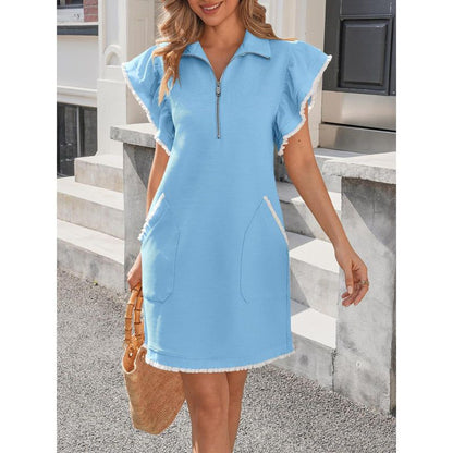 Women's Casual Zipper Neckline Bestie Ruffle Collared Dress