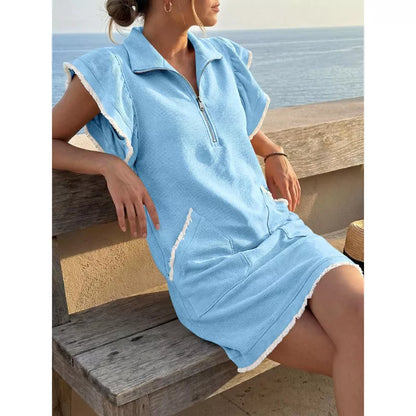 Women's Casual Zipper Neckline Bestie Ruffle Collared Dress
