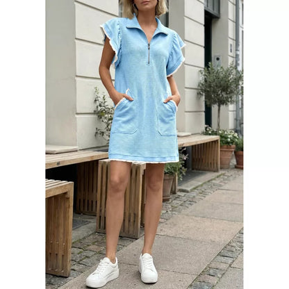 Women's Casual Zipper Neckline Bestie Ruffle Collared Dress