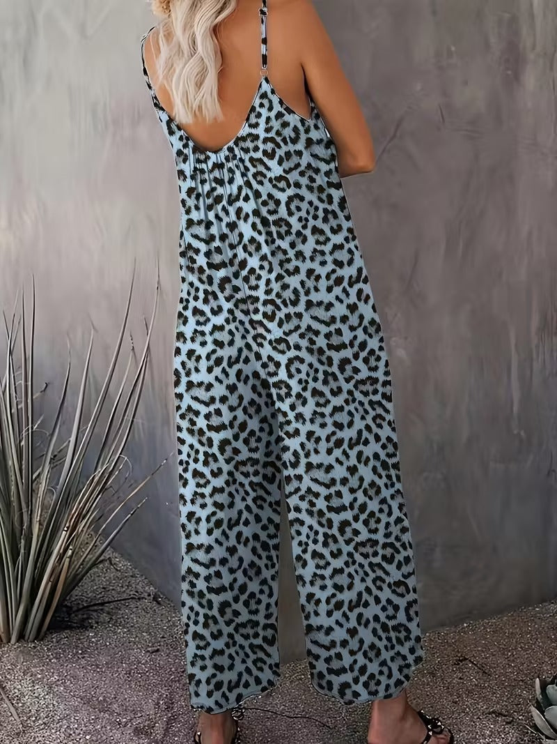 Women's Casual Sleeveless Leopard Print Jumpsuit with Pockets