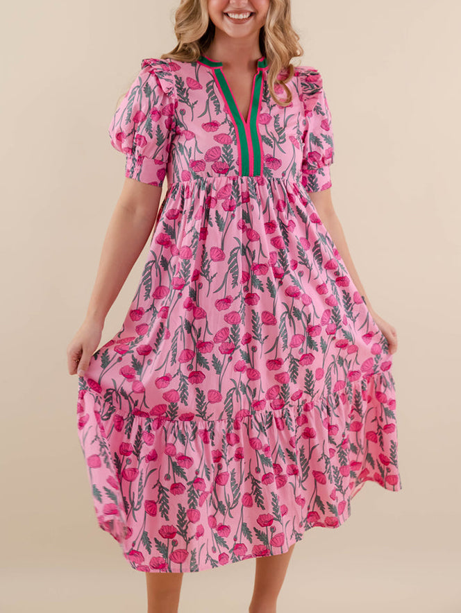 Women's Summer Midi Dress Casual Floral Puff Short Sleeve V Neck Swing