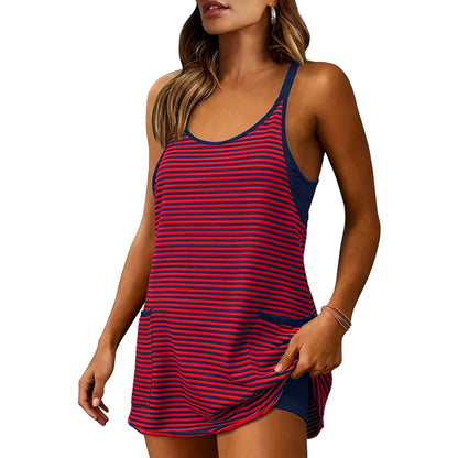 Women's Striped V-Neck Tennis Dress with Built-in Shorts