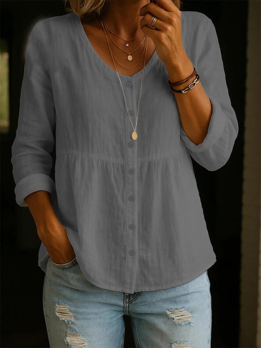Women's Solid Round Neck 3/4 Sleeve Linen Cotton Shirt