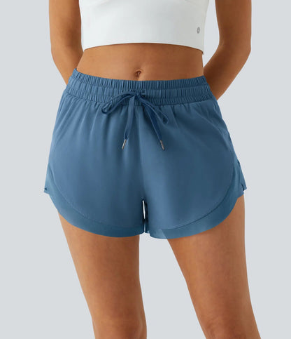 Women Mid Rise Drawstring Contrast Mesh 2-in-1 Flowy Running Shorts 3''