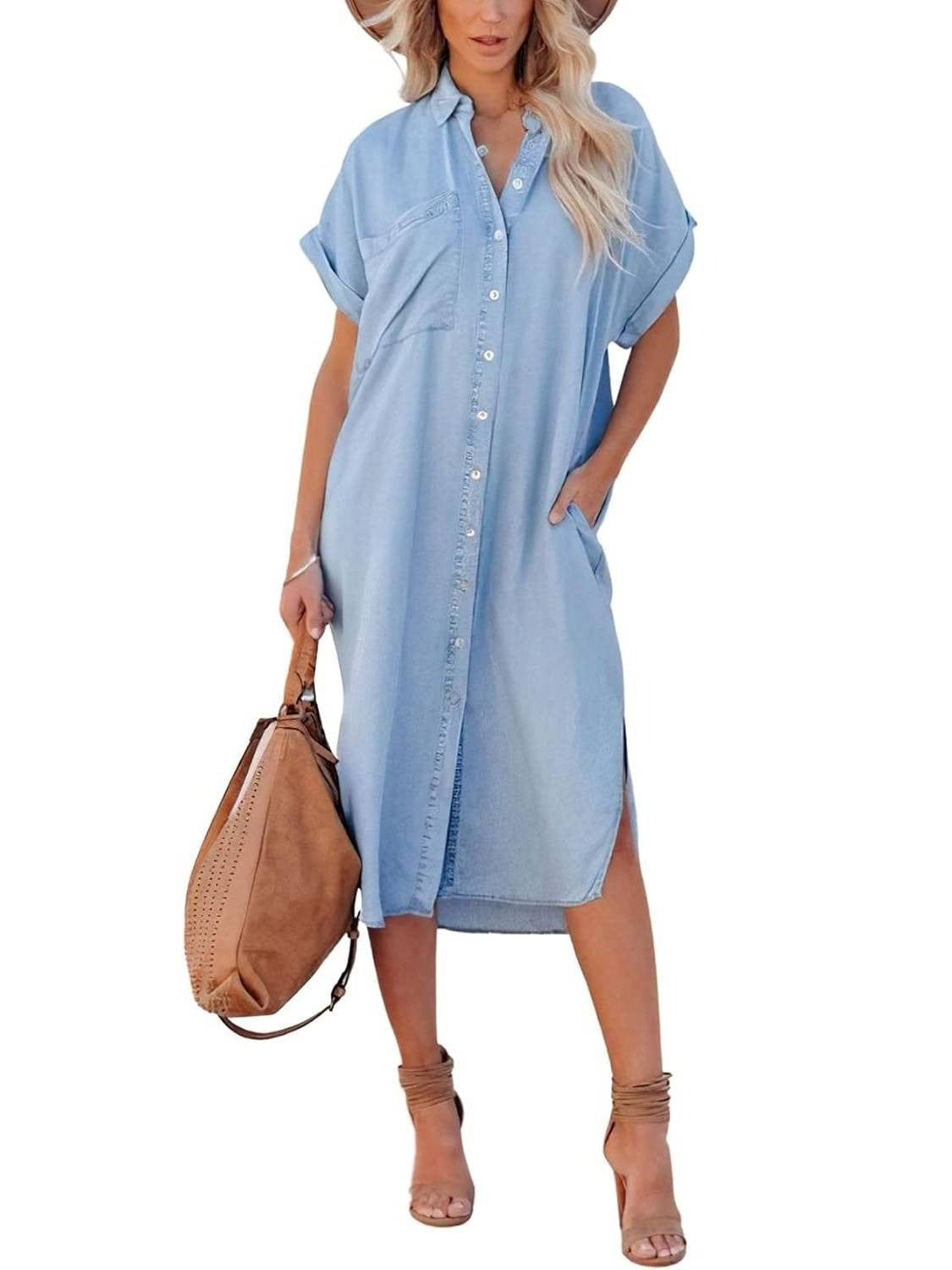 Women's Summer Loose Denim Shirt Dress with Pocket