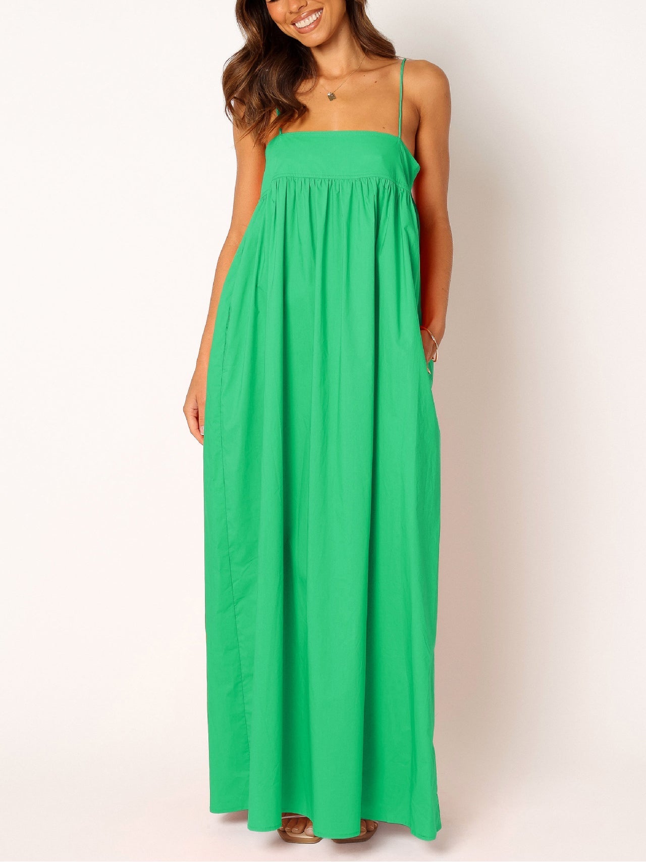 Women's Summer Backless Tied Spaghetti Straps Casual  Cutout Maxi Dress with Pockets