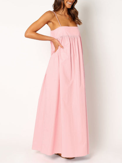 Women's Summer Backless Tied Spaghetti Straps Casual  Cutout Maxi Dress with Pockets