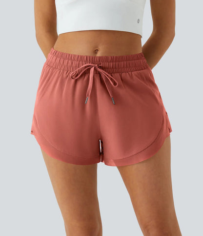 Women Mid Rise Drawstring Contrast Mesh 2-in-1 Flowy Running Shorts 3''